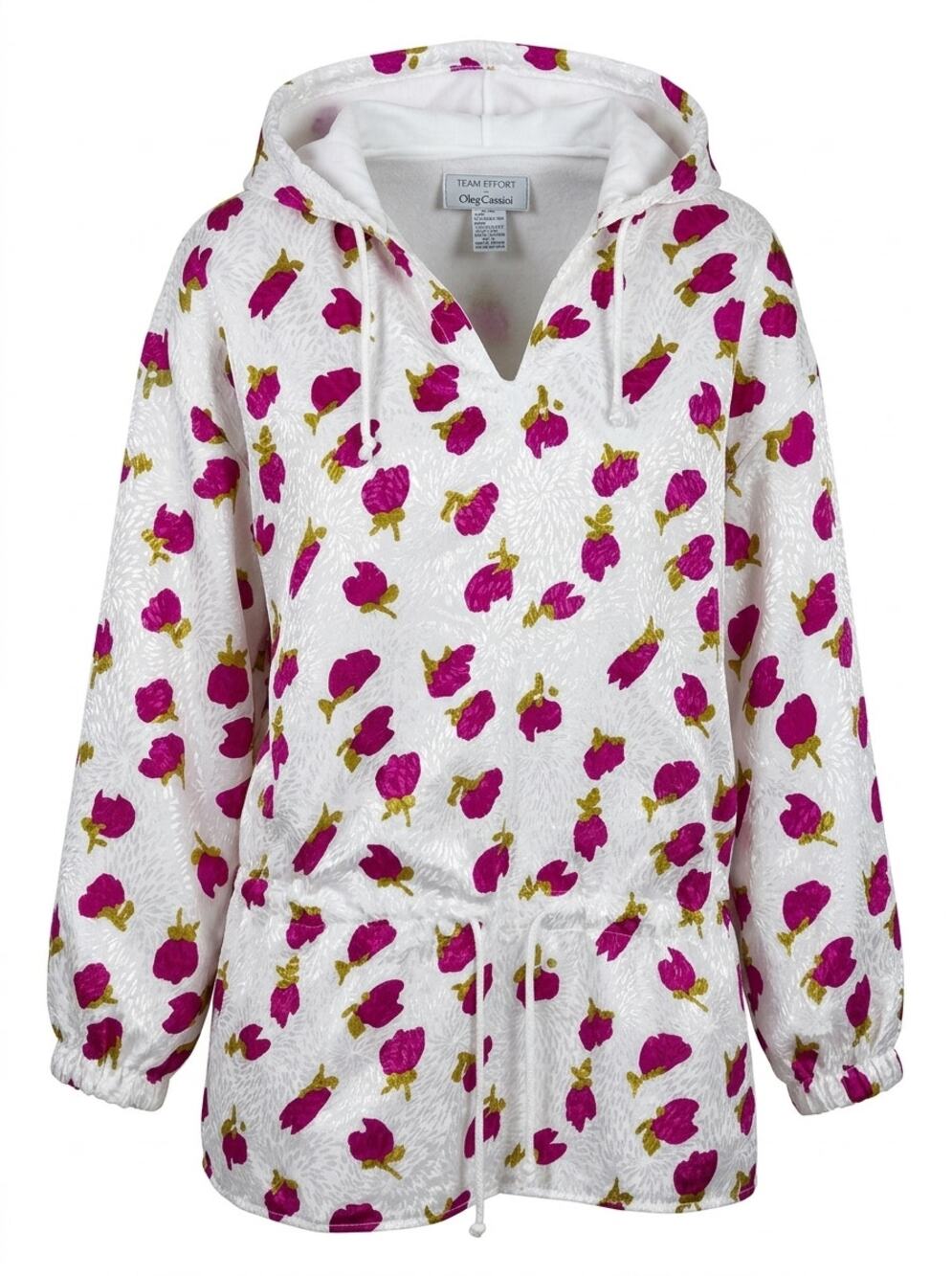 Vintage Oleg Cassini White Pink Floral Hooded Pullover Hoodie Women Size L